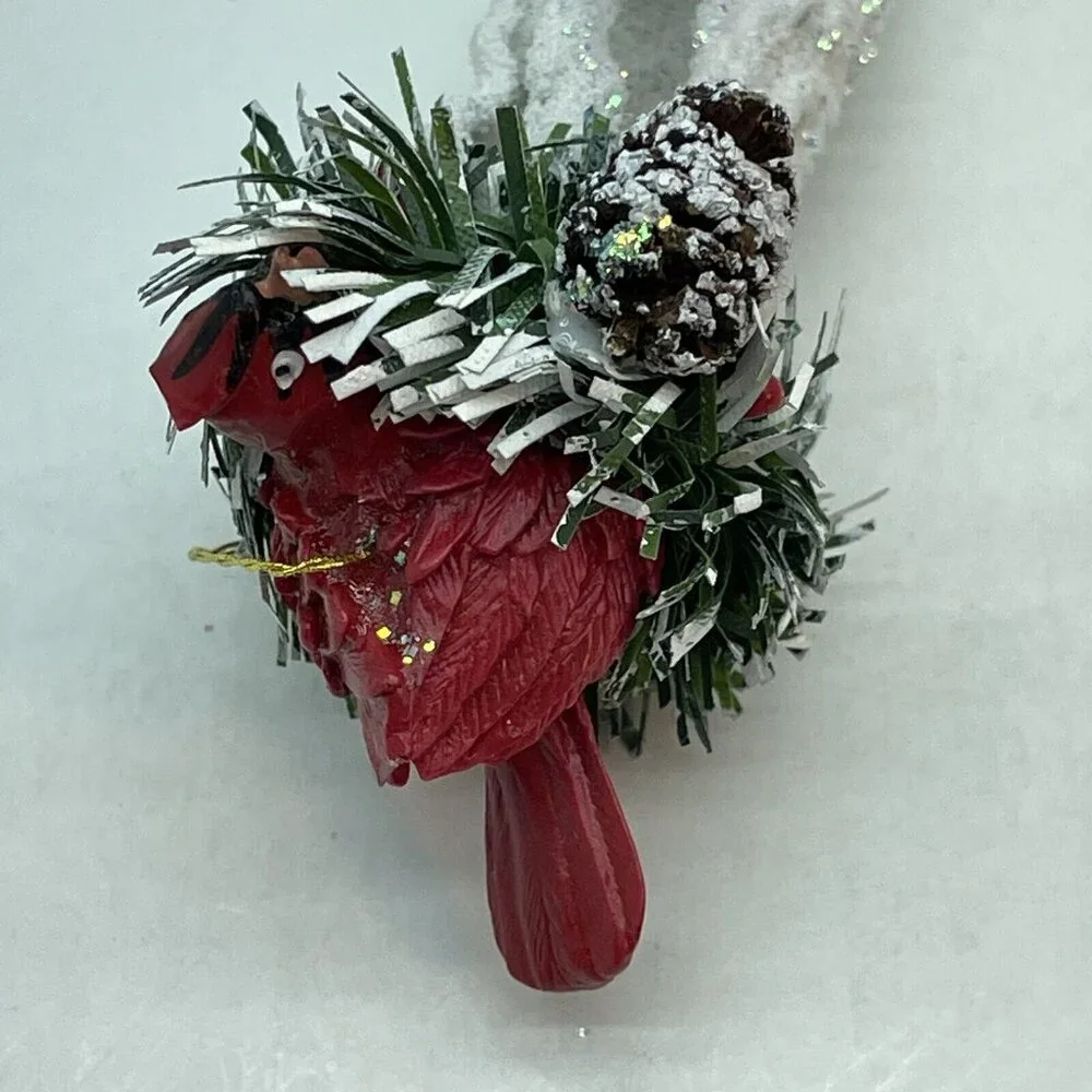 Vintage Christmas Ornament Cardinal In Pine Nest On White Glittered Icicle 6
